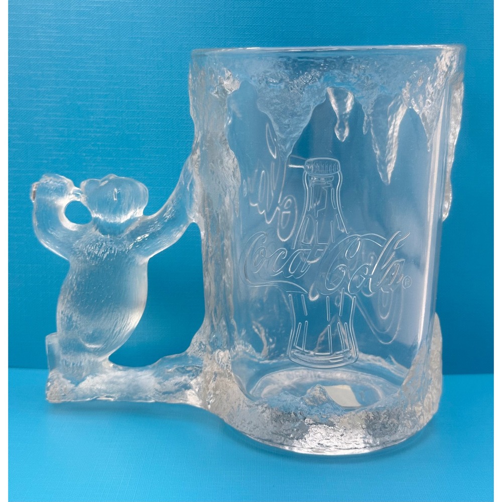 Vintage Coca-Cola Polar Bear Glass Mug Ice Cave Icicle Handle Heavy Clear 5.75in